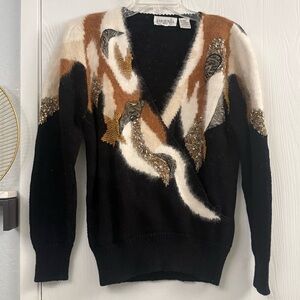 Vintage Eugenia Angora Blend Abstract
Beaded V-Neck Sweater 90s Size Small